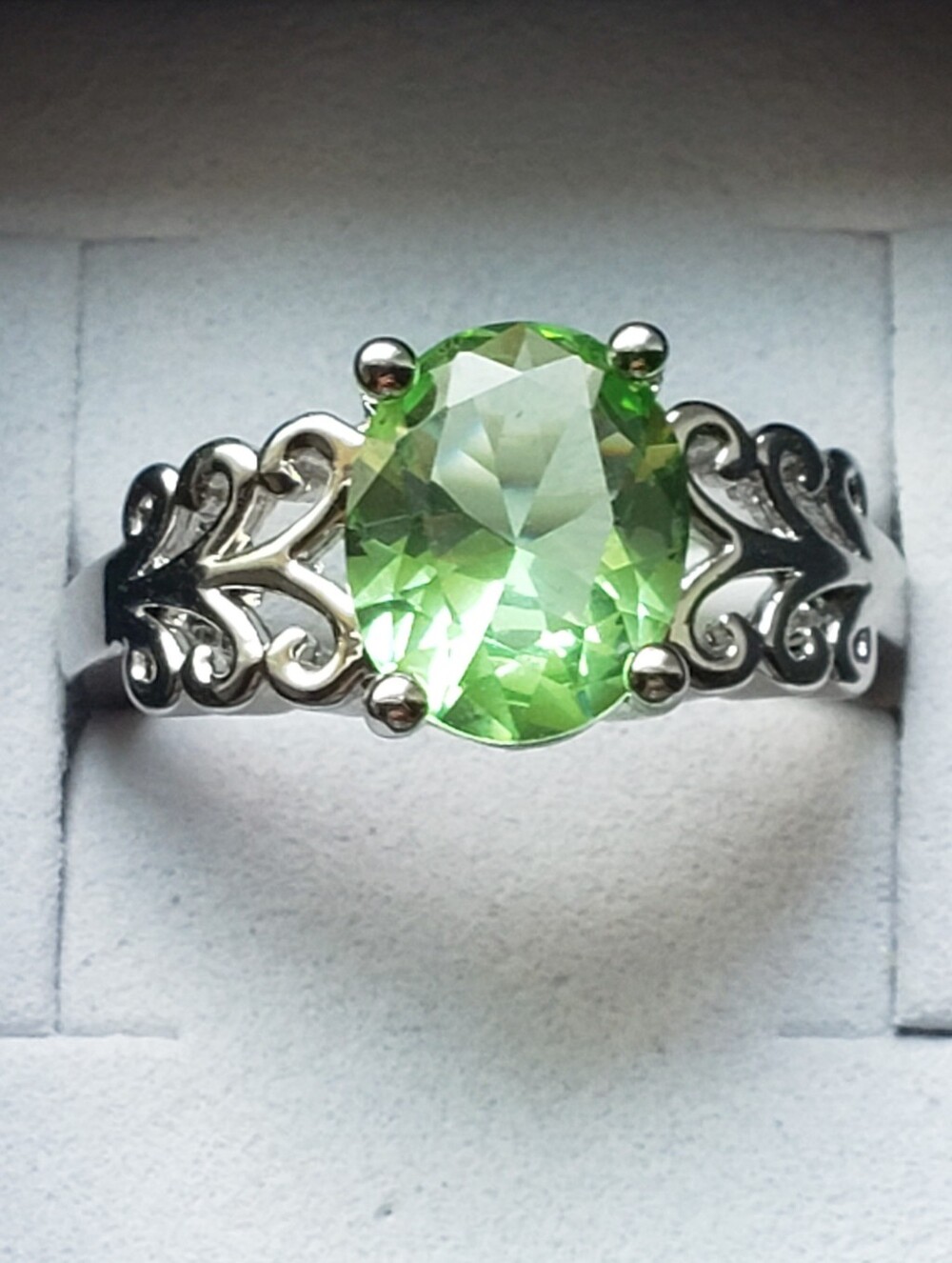 NEW Peridot-Large Oval, Brilliant Faceting, High Quality Sterling Scroll, Size 7